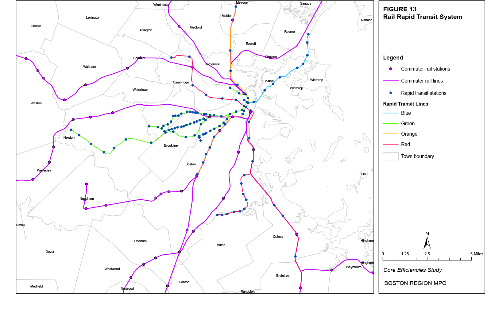 This map shows the stations and the lines in the MBTA’s rail rapid transit system.